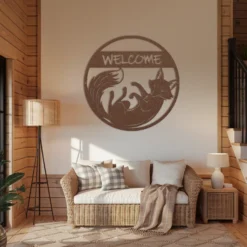Brown metal fox welcome sign entryway