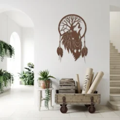 Brown tribal native American wolf spirit dreamcatcher metal wall art entryway