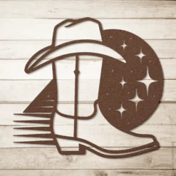 Brown weather proof steel western nights cowboy boot hat line art