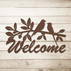 Brown weather resistant metal birds branch welcome sign outside decor