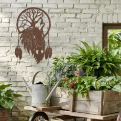 Brown weather resistant metallic wolf spirit dreamcatcher art outside decor