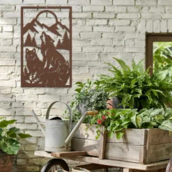 Brown weather resistant steel wolf pack art outdoor- garden