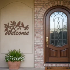 Copper colored birds branch welcome metal sign entrance decor