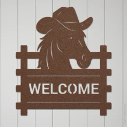 Copper brown cowboy horse welcome metal sign
