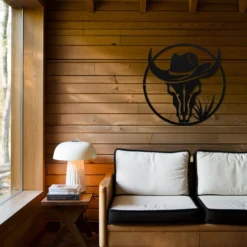 Cowboy bull skull metal wall art cabin