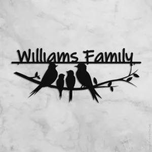 Custom Metal Family Name Sign with Birds: Minimalist Steel Decor
