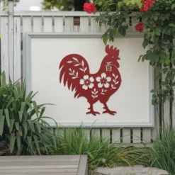 Decorative Chinese Zodiac Metallic Red Rooster Fence Decor Outside