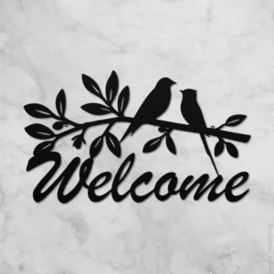 Duo birds branch welcome metal sign exterior wall decor