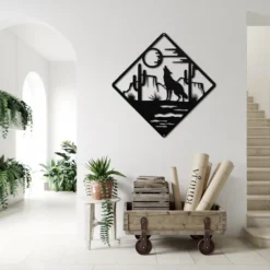 Modern entryway howling coyote metal wall art