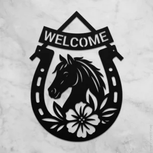 Floral Horseshoe Art Welcome Metal Sign Exterior Wall Decor