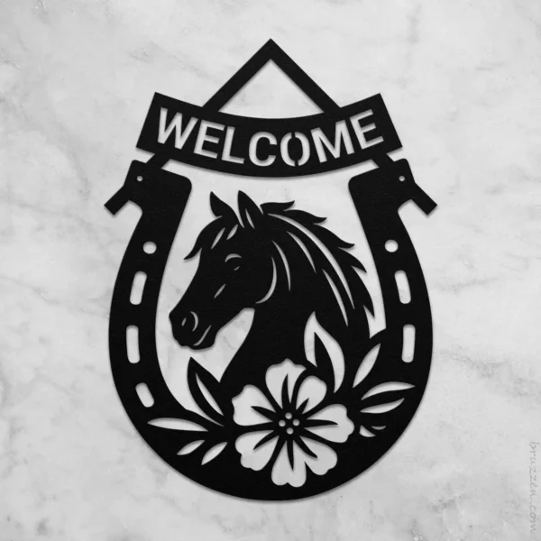 Floral Horseshoe Art Welcome Metal Sign Exterior Wall Decor