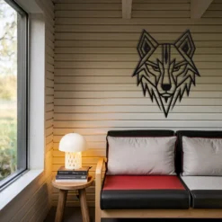Geometric wolf head metal wall hanging cabin decor