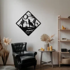 Howling coyote desert landscape metal lounge wall art