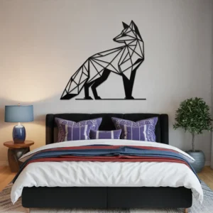 Large black steel geometric fox wall art master bedroom above bed