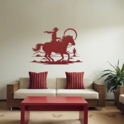 Large modern red western cowboy desert horse ride metal wall art living room
