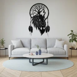 Modern living room black steel wall decor wolf spirit dreamcatcher: tribal native American decor