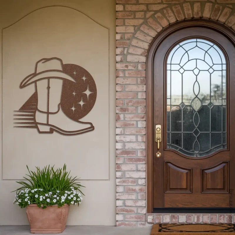 Metal western nights cowboy boot hat line art entryway