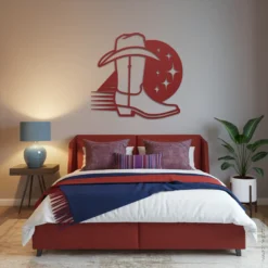 Metal western nights cowboy boot hat line art red- themed master bedroom wall decor