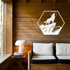 Metallic howling wolf moon scene cabin wall decor