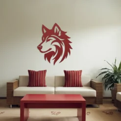 Modern minimalist red living room abstract metal wolf wall hanging above couch