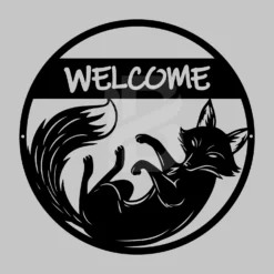 Circle-framed playful metal fox welcome sign entryway: outdoor decor