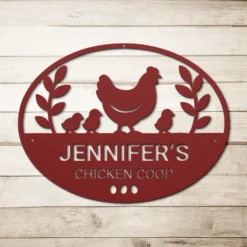 Red Custom Chicken House Name Metal Sign Exterior Decor