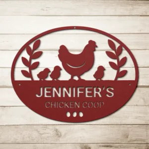 Red Custom Chicken House Name Metal Sign Exterior Decor