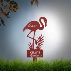Red Custom Lone Flamingo Garden Metal Sign