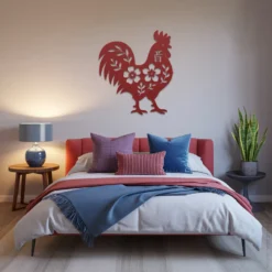 Red Large Decorative Chinese Zodiac Metal Rooster Bedroom Wall Art
