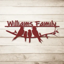 Red Metallic Custom Family Name Sign with Birds