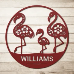 Red Metallic Custom Flamingo Family Name with Established Date Sign