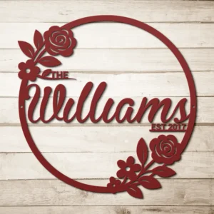 Red Metallic Floral Circle Family Name Est Date Sign