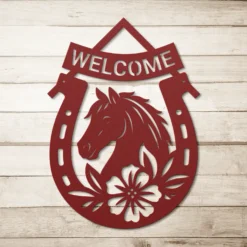 Red Metallic Floral Horseshoe Art Welcome Sign