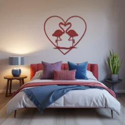 Red Metallic Romantic Flamingo Heart Wall Art Bedroom