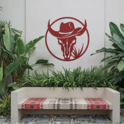 Red cowboy bull skull metal wall art Western decor outside patio
