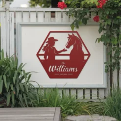 Red custom cowgirl name est date metal sign