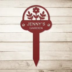 Red custom floral garden name metal sign