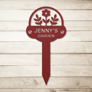 Red custom floral garden name metal sign