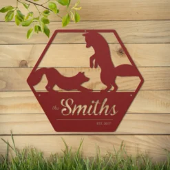 Red fox family name est date metallic sign