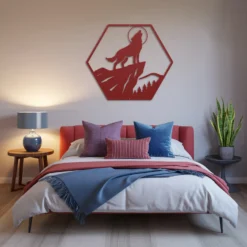 Red hexagon framed wolf howling at moon metal bedroom decor