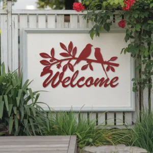 Red metallic birds branch welcome sign exterior decor