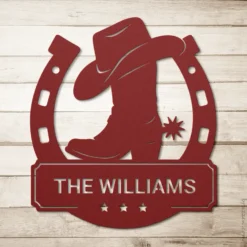 Red metallic personalized name horseshoe boot sign