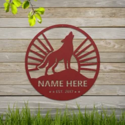 Red metallic wolf personalized established sign art for outdoor