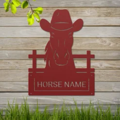 Red personalized metal horse name stall plate sign