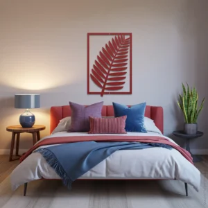 Large Red steel tropical fern leaf wall art master bedroom above bed