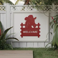 Red weatherproof cowboy horse welcome metal sign exterior decor