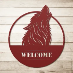 Minimalist red wolf welcome metal sign