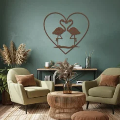 Rustic Copper Colored Romantic Flamingo Heart Metal Wall Art