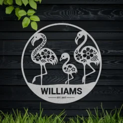 Silver Colored Custom Flamingo Family Metal Sign