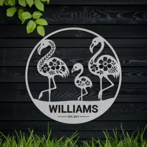 Silver Colored Custom Flamingo Family Metal Sign
